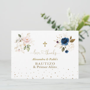 Twins Pink Blue Flowers Primer Añito Y Bautizo Thank You Card