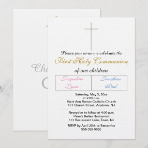 Twins Pink Blue Gold Colour First Holy Communion Invitation