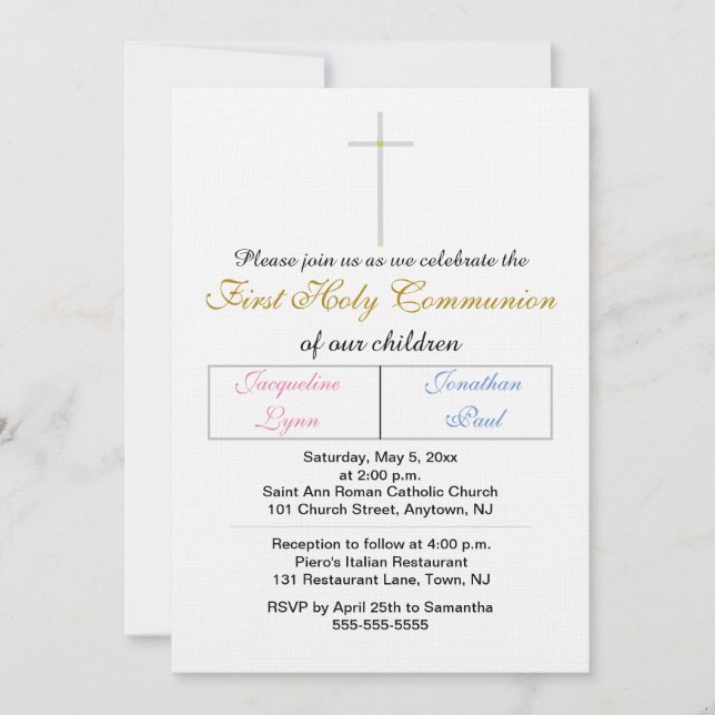 Twins Pink Blue Gold Colour First Holy Communion Invitation (Front)