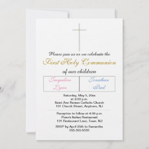 Twins Pink Blue Gold First Holy Communion Invitation