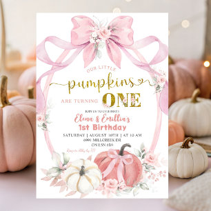 Twins Pink Bow Coquette Little Pumpkins Birthday Invitation