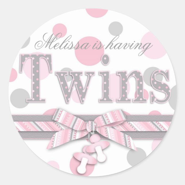 Twins Pink & Grey Polka Dots Baby Shower Classic Round Sticker (Front)