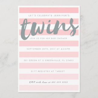 Twins Pink Striped Baby Shower Invitation