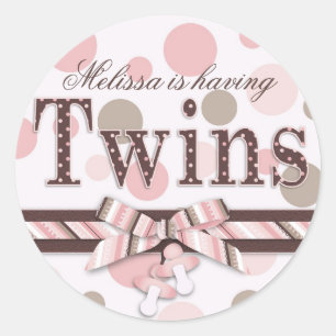 Twins Pink & Taupe Polka Dots Baby Shower Classic Round Sticker