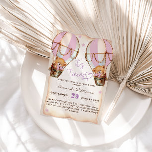 Twins Pink Teddy Bear Hot Air Balloon Baby Shower Invitation