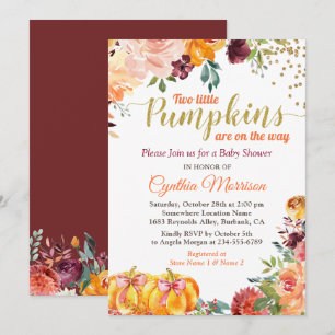 Twins Pumpkin Baby Shower Burgundy Fall Floral Invitation