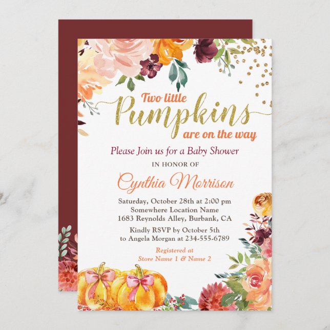 Twins Pumpkin Baby Shower Burgundy Fall Floral Invitation (Front/Back)
