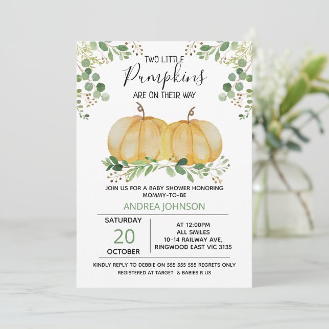 Twins Pumpkin Green Foliage Baby Shower Invitation (Standing Front)