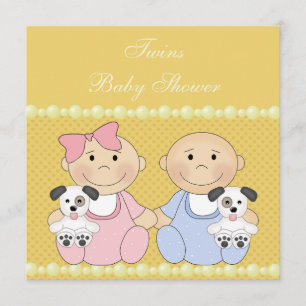 Twins & Puppies Yellow Baby Shower Invitation