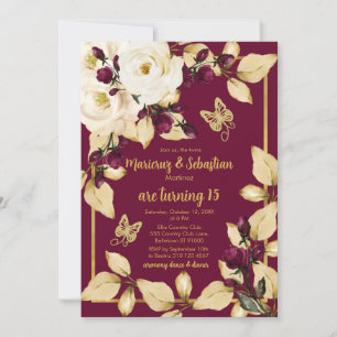 Twins Quinceañera Burgundy Champagne and Gold Invitation