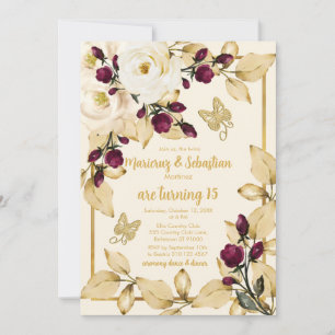 Twins Quinceañera Champagne Burgundy and Gold Invitation