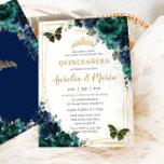 Twins Quinceañera Emerald Green Navy Blue Floral Invitation<br><div class="desc">Personalise this lovely quinceañera invitation with own wording easily and quickly,  simply press the customise it button to further re-arrange and format the style and placement of the text.  Matching items available in store!  (c) The Happy Cat Studio</div>