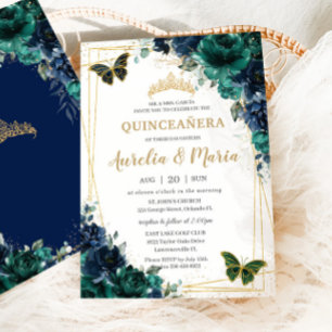 Twins Quinceañera Emerald Green Navy Blue Floral Invitation