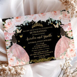 Twins Quinceañera Princess Blush Floral Gold Black Invitation<br><div class="desc">Personalise this lovely pastel blush roses gold quinceañera invitation with your own wording easily and quickly, simply press the customise it button to further re-arrange and format the style and placement of the text.  Featuring beautiful soft blush roses, two girls in rose gold dresses, butterflies, elegant gold accents and a...</div>