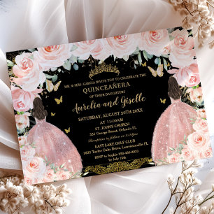 Twins Quinceañera Princess Blush Floral Gold Black Invitation