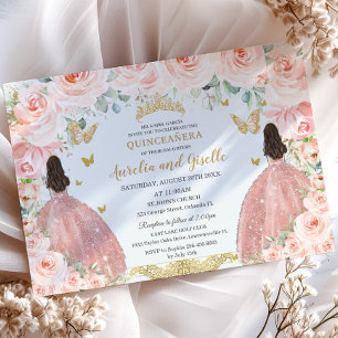 Twins Quinceañera Princesses Blush Floral Gold Invitation