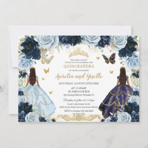 Twins Quinceañera Princesses Navy Baby Blue Floral Invitation