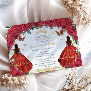 Twins Quinceañera Princesses Red Roses Floral Gold Invitation