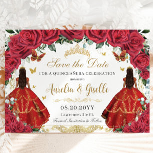Twins Quinceañera Princesses Red Roses Floral Gold Save The Date