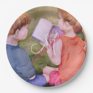 TWINS READING A BOOK MONOGRAM PARTY PAPER PLATE