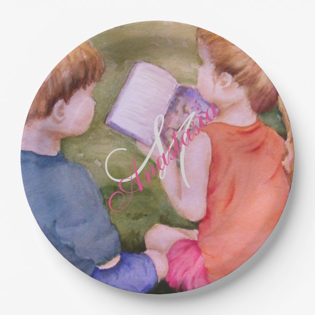 TWINS READING A BOOK MONOGRAM PARTY PAPER PLATE (Front)