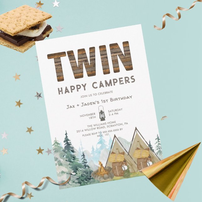 Twins Rustic One Happy Camper Birthday Invitation (Creator Uploaded)