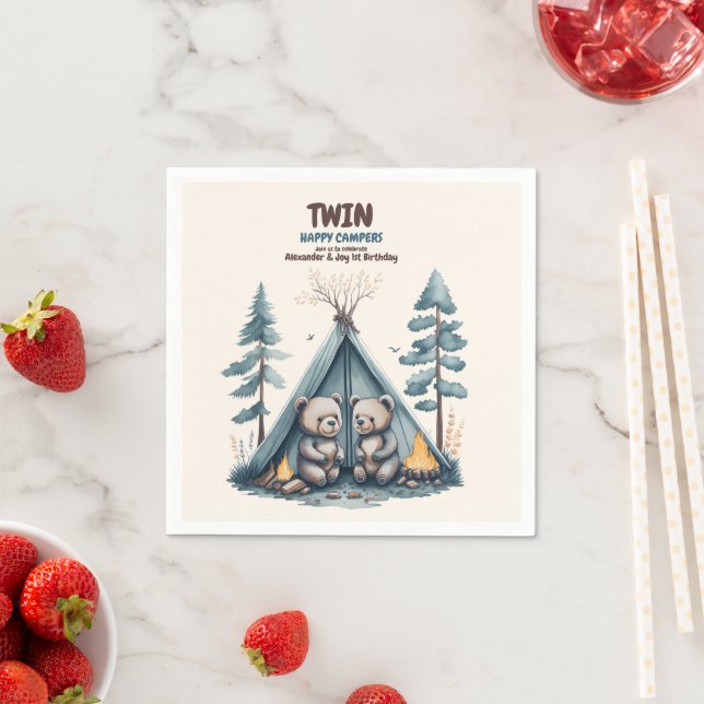 Twins Rustic One Happy Camper Birthday Napkin (Insitu)
