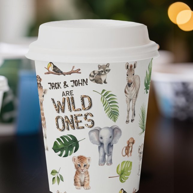 Twins Safari animals Wild one Boy 1st birthday Paper Cups (Twins wild one, baby boys 1st birthday party paper cups)