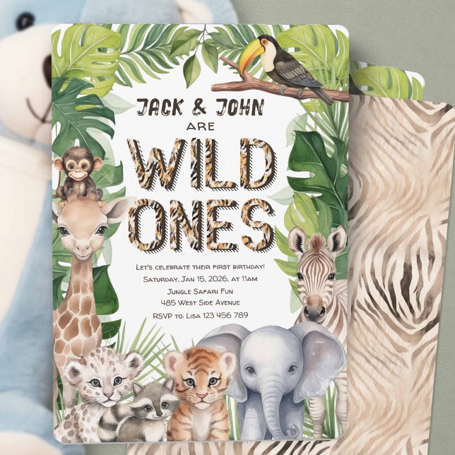 Twins Safari boy 1st birthday, Jungle Wild One Invitation (Twins wild one themed birthday invitation.)