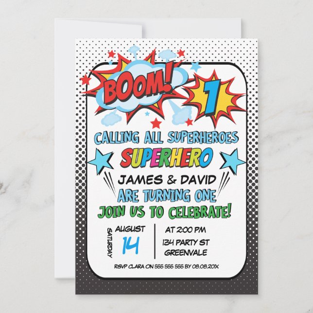 Twins Superhero 1st Birthday Invitation (Front)