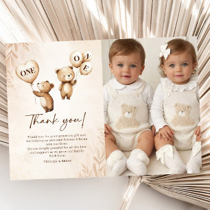 Twins Teddy Bear Balloons Photo 1st Birthday Thank You Card