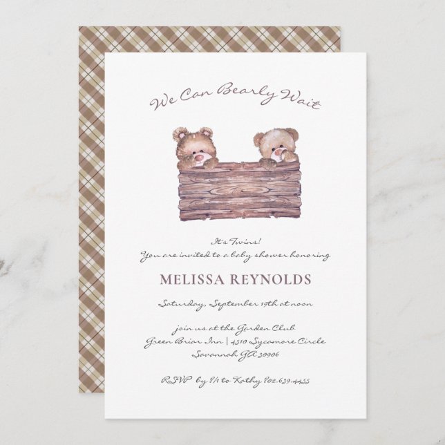 Twins | Teddy Bear "Bearly Wait" Baby Shower Invitation (Front/Back)