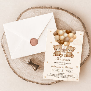 Twins Teddy Bear Neutral Balloon Baby Shower Invitation