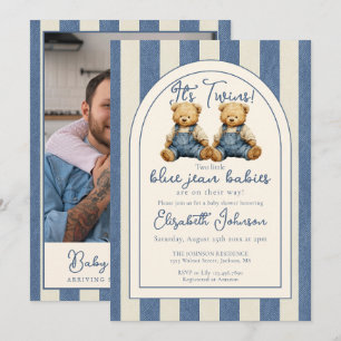 Twins Teddy Bear Photo QR Code Boy Baby Shower Invitation