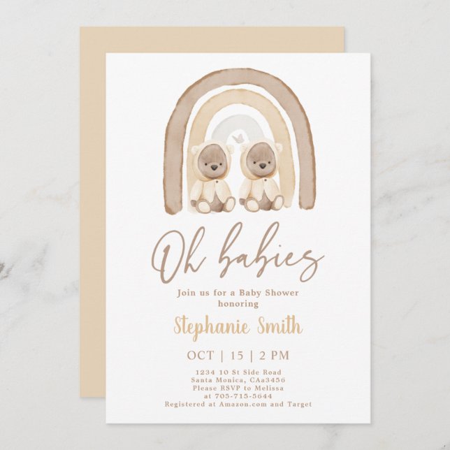 Twins Teddy bear Rainbow Baby Shower Invitation (Front/Back)