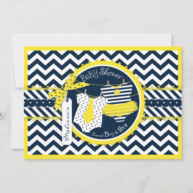 Twins Tie Tutu Chevron Baby Shower Invitation (Front)