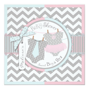 Twins Tie Tutu Chevron Baby Shower Invitation