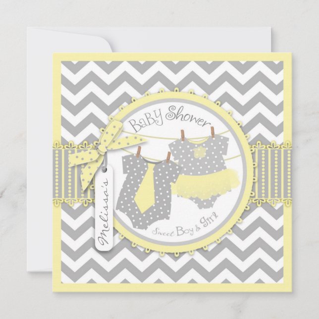 Twins Tie Tutu Chevron Baby Shower Invitation (Front)