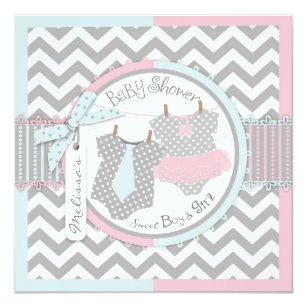 Twins Tie Tutu Chevron Baby Shower Invitation