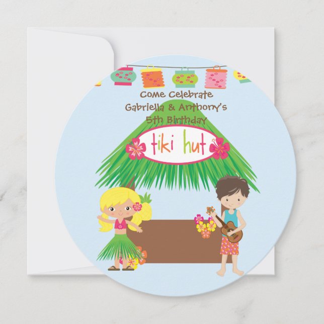 Twins Tiki Hut Round Luau Birthday Invitation (Front)