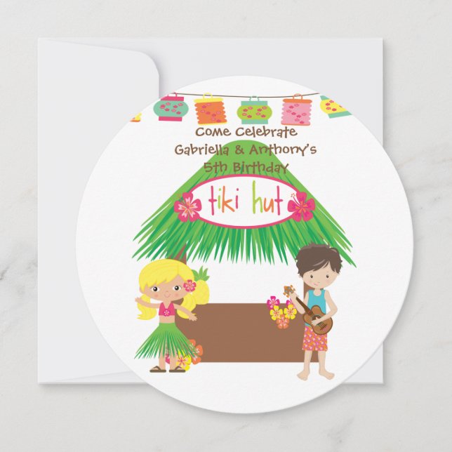 Twins Tiki Hut Round Luau Birthday Invitation (Front)