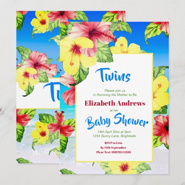 Twins Tropical Flower  Beach Floral  Baby Shower Invitation (Front/Back)