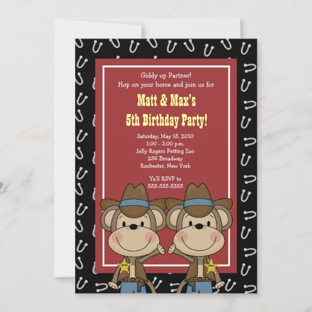 TWINS Twin Boys Western Cowboy Monkey 5x7 Birthday Invitation (Front)