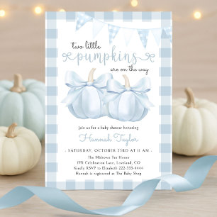 Twins Two Little Pumpkins Blue Bow Baby Shower Invitation