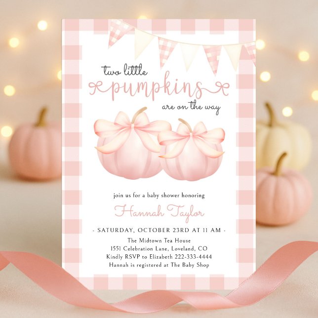 Twins Two Little Pumpkins Pink Bow Baby Shower Invitation (Creator Uploaded)