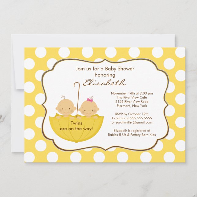 Twins Umbrella Baby Shower Invitation Yellow (Front)