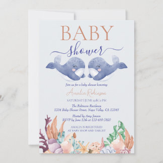 Twins Under the Sea Whale Watercolor Baby Shower Invitation