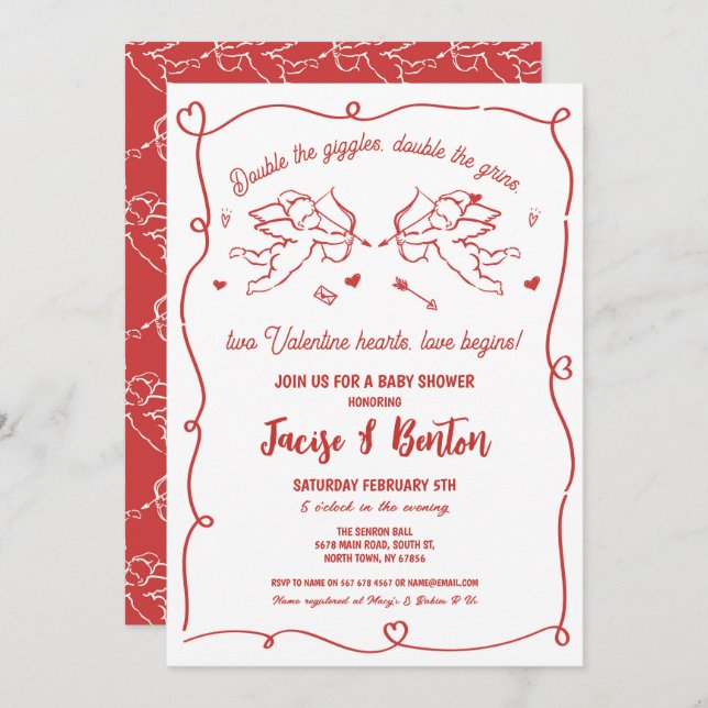 Twins Valentines Baby Shower Cupid Red Boy Love Invitation (Front/Back)