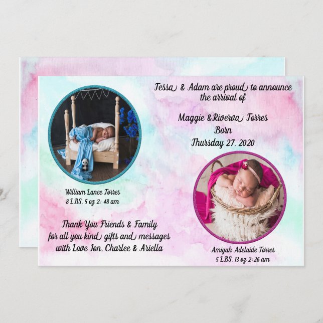 Twins Watercolor Birth Announcement (Front/Back)
