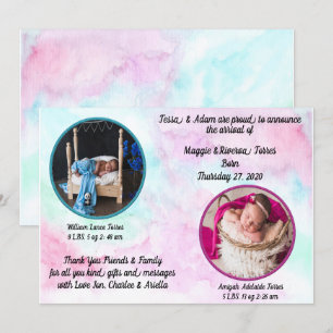 Twins Watercolor Birth Announcement